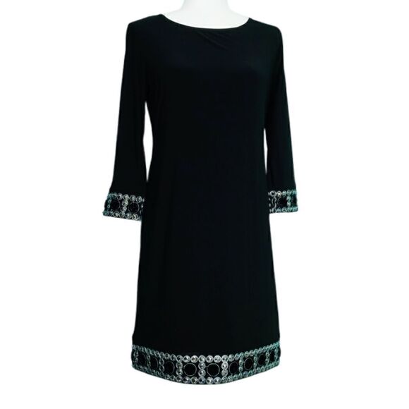 Tiana B. Jewel Embellished Black Shift Dress Crew Neck Long Sleeve Women Size 8P - Picture 3 of 12